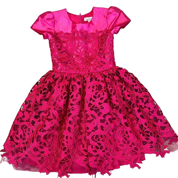 Halabaloo Red Laser Cut Lace Dress Girls 7 Satin Lace Short Sleeves Puff Skirt - Picture 2 of 9